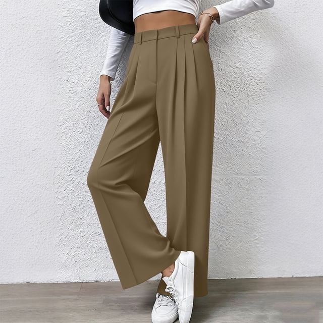 TaTaai Women's Fashion Casual Solid Color Suit Pants Straight Leg Office Dress Pants with Functional Side Pockets Soft Comfortable Stretchy Versatile Work Bottoms Gift