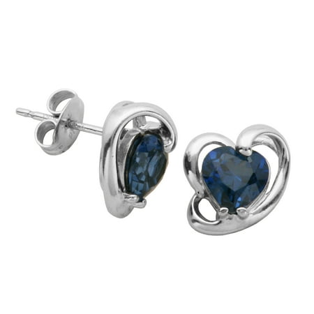 Sterling Silver Created Blue Sapphire Heart Stud Earrings