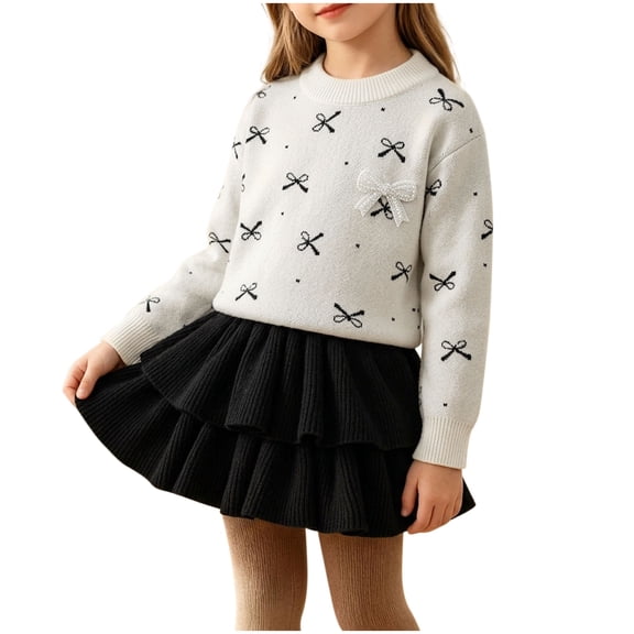 Posijego Little Girls Clothes Sets Bow Knit Sweater and Ruffled Skirt Set Toddler Girls Fall Clothes Outfits Size 2-8 Years