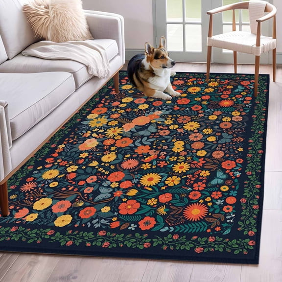 Area Rugs for Living Room 4x6 Ft, Boho Flowers Non Slip Area Rugs for Kitchen Bedroom Entryway, Spring Abstract Watercolor Floral Leaf Washable Carpet Runner Rug Floor Mats for Bedroom Home Decor