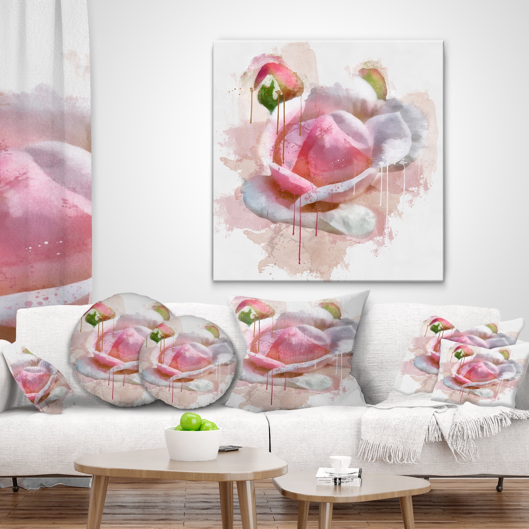 Designart Pink Rose Flower with Paint Splashes - Floral Throw Pillow - 12x20