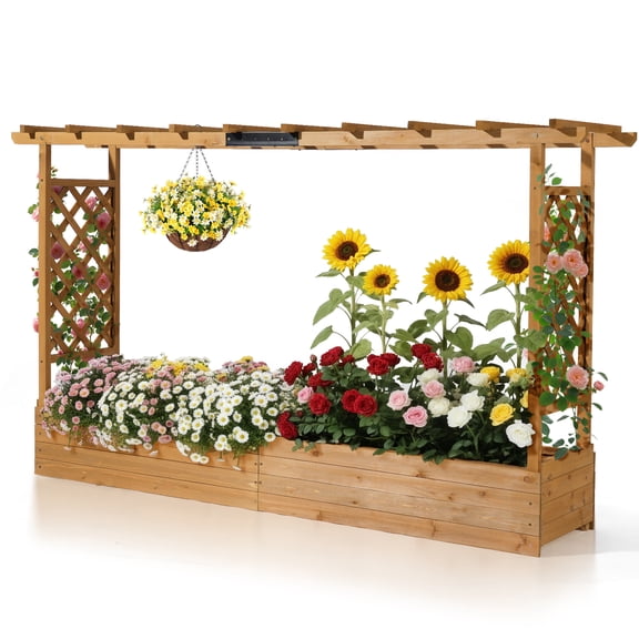 Ktaxon 78.7in Planter with Trellis & Pergola, Wide Wooden Raised Garden Bed for Outdoor Patio Backyard, Teak