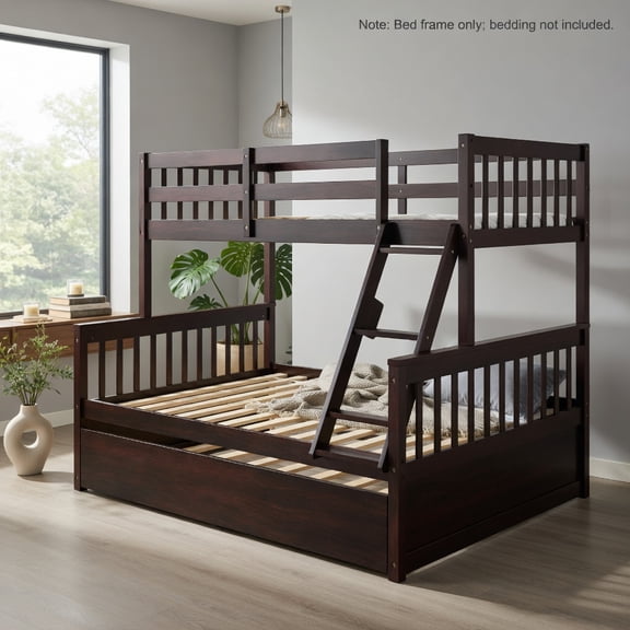 Demi Bonn Twin Pull-Out Bunk Beds with Ladder in the Steps and a Trundle, Full Convertible Bunk Bed Platform, Brown