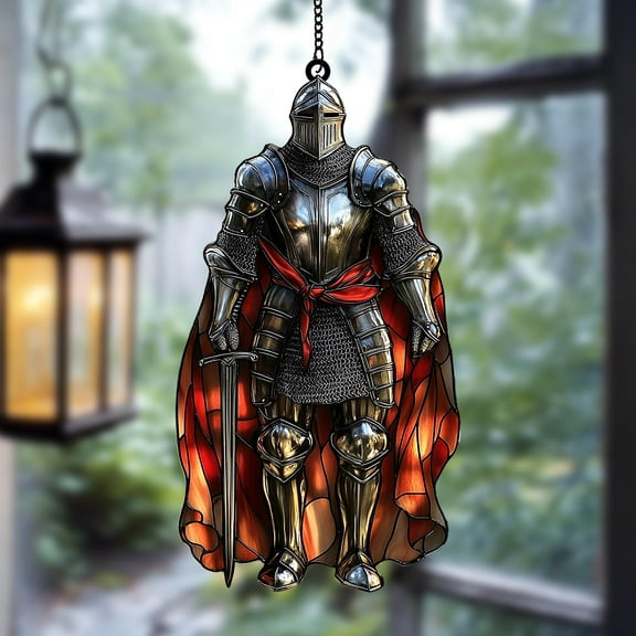 Medieval Knight Acrylic Suncatcher â€“ Faux Stained Glass Window Hanging with Sword and Red Cape, Fantasy Decor for History or RPG Lovers