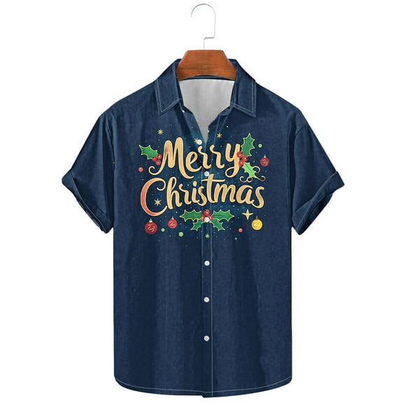 KeShDi Christmas Mens T-Shirts Men's Printing Button Casual Short Sleeve Turndown Collar Blouse Shirt Black XL