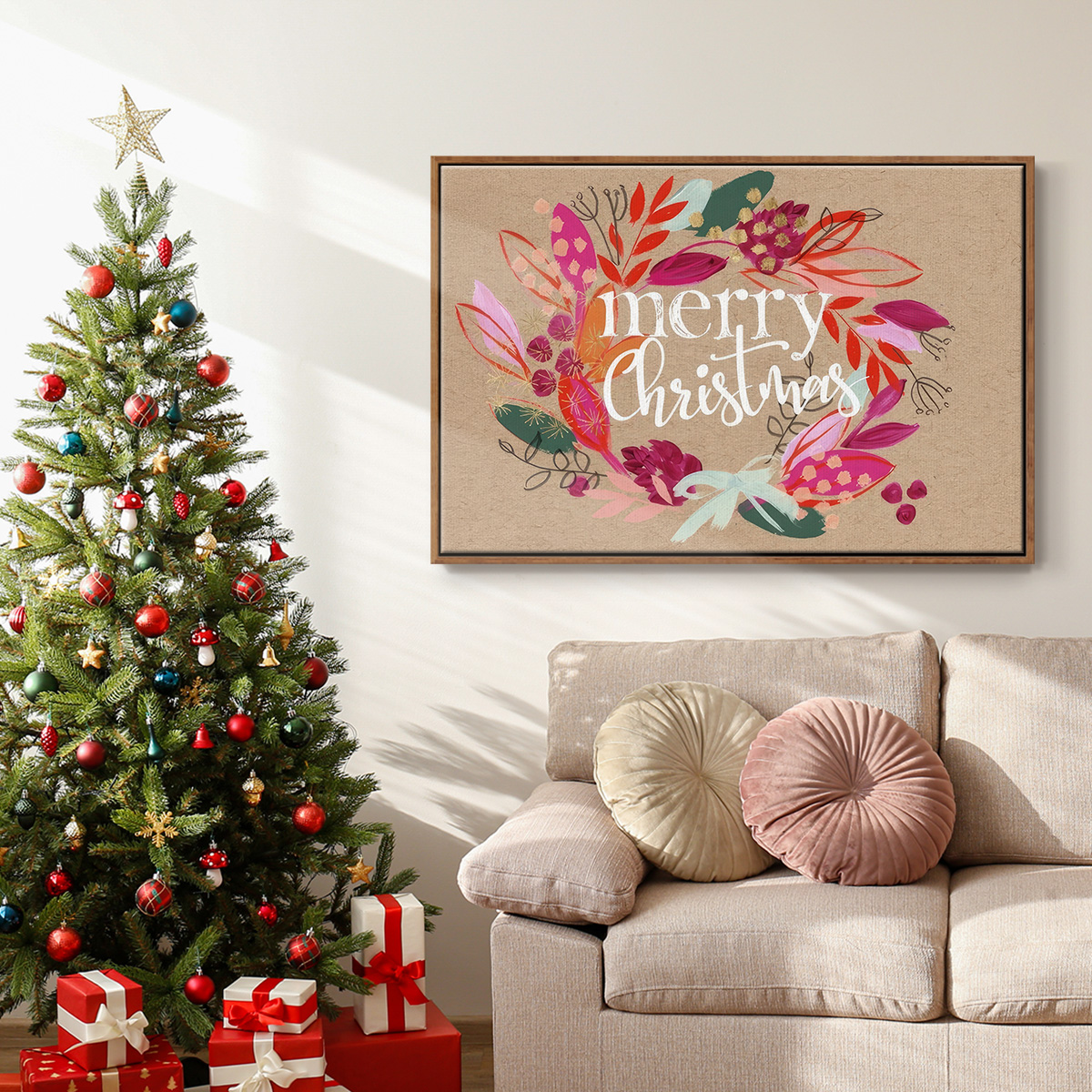 Crafty Christmas Collection A - Framed Gallery Wrapped Holiday Canvas - 25 x 37 - Rosewood Frame