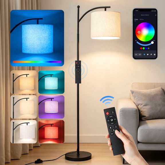 RELOIVE Floor Lamp for Living Room - Smart Arc Floor Lamp with APP & Remote Control, RGB Color Changing & Dimmable Standing Lamp with Linen Shade, Tall Pole Light for Bedroom Office