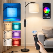 RELOIVE Floor Lamp for Living Room - Smart Arc Floor Lamp with APP & Remote Control, RGB Color Changing & Dimmable Standing Lamp with Linen Shade, Tall Pole Light for Bedroom Office