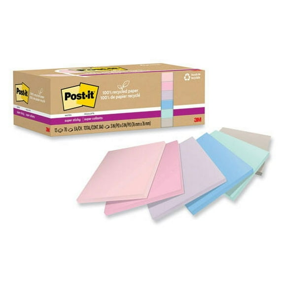 100% recycled paper super sticky notes, 3" x 3", wanderlust pastels, 70 sheets/pad, 12 pads/pack | Bundle of 5 Packs