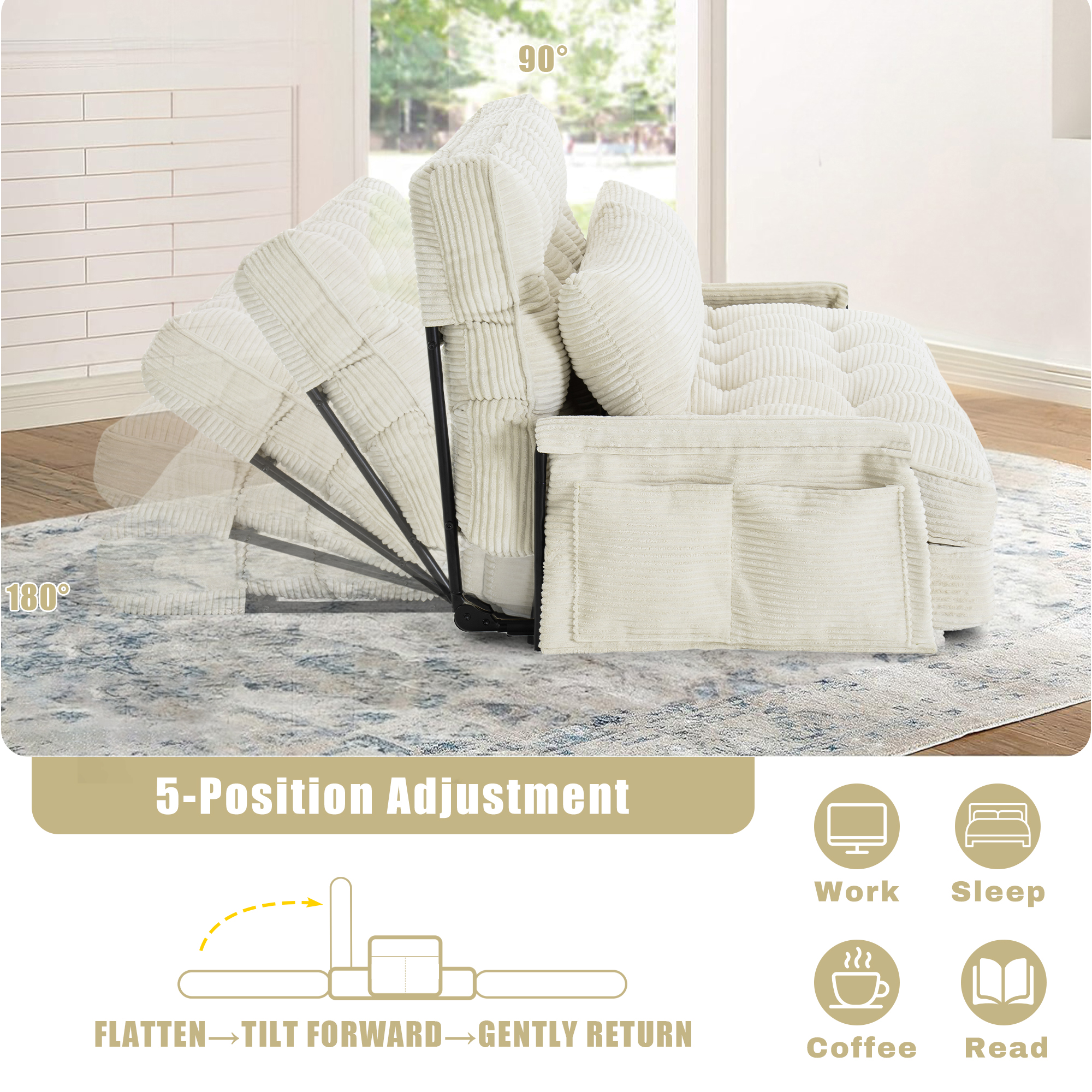 Convertible 5-Position Foldable Lazy Sofa Sleeper Bed with Armrest,Adjustable Floor Sofa Couch with 2 Pillows,Fold Out Floor Couch,Beige