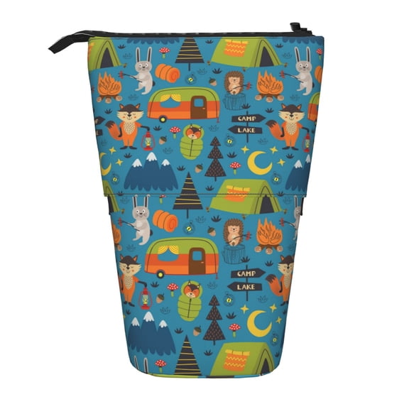 Xecao Animals In Camping Print Telescopic Pencil Bag Pen Holder Pop Up Stationery Case Stand-up Retractable Transformer Bag Standing Organizer