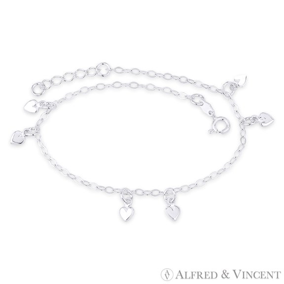 5x5mm Heart & 2.3mm Flat Oval Cable Chain Italian Charm Anklet in .925 Sterling Silver