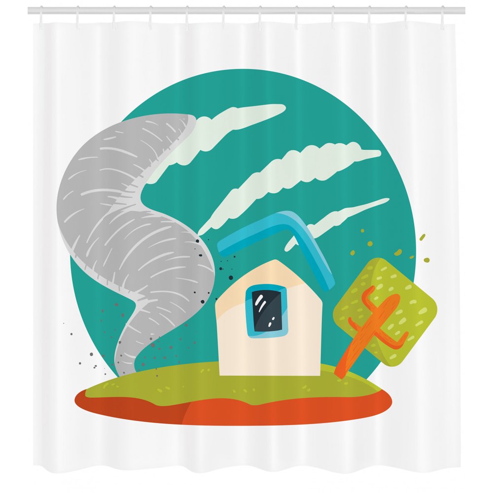 Tornado Shower Curtain, Cute House Caught in Whirlwinds Thunderstorm Catastrophe Disaster