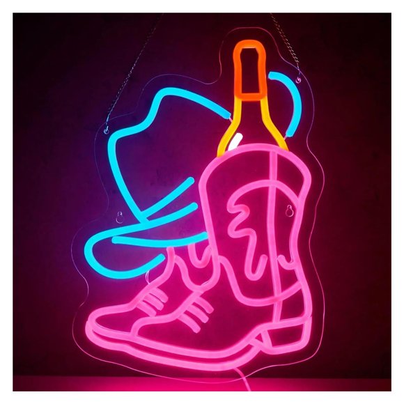 Chapeau de Cowboy avec Botte Enseigne Néon Lumière DEL à Intensité Réglable pour Chambre Bar à Bière Fête Boîte de Nuit Boutique Grotte pour Homme Décoration Murale Lampe Alimentée par USB 42cmx31.5cm