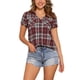 thumbnail image 1 of Camisas de cuadros para mujer Inspire Chic, con cuello de punta y botones, color rojo profundo, talla M, 1 of 6