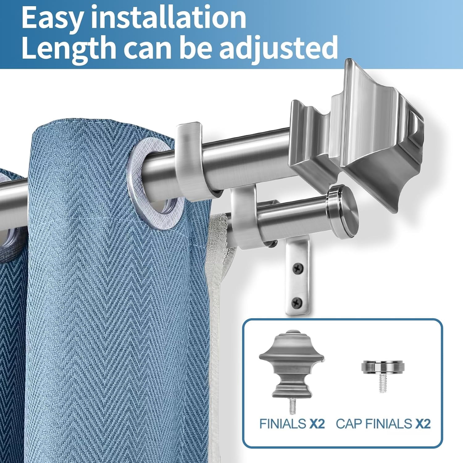 Urbanest Adjustable Double Curtain Rod Set Pila Flat Button Finials – 1″ Front & 3/4″ Back Rod With Brushed Steel Rod, 84–120 Inches