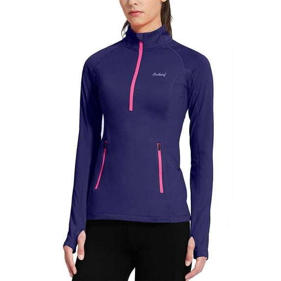 Baleaf Women's Thermal Fleece Half Zip Thumbholes Long Sleeve Running Pullover Navy Size XL