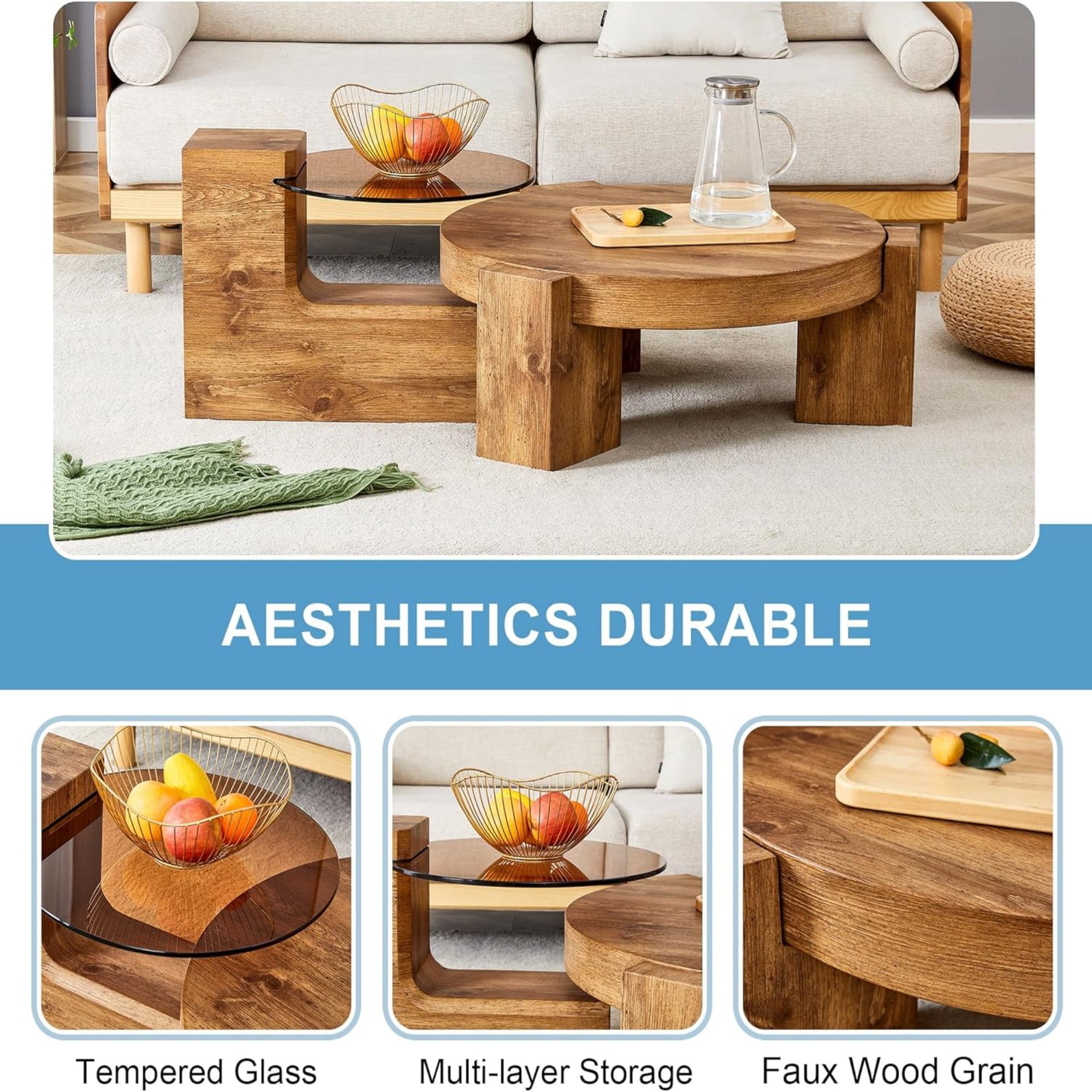 Sudica Detachable Double-decker Coffee Table,30" Round Tea Table with Wood Grain Base,Center Table for Living Room