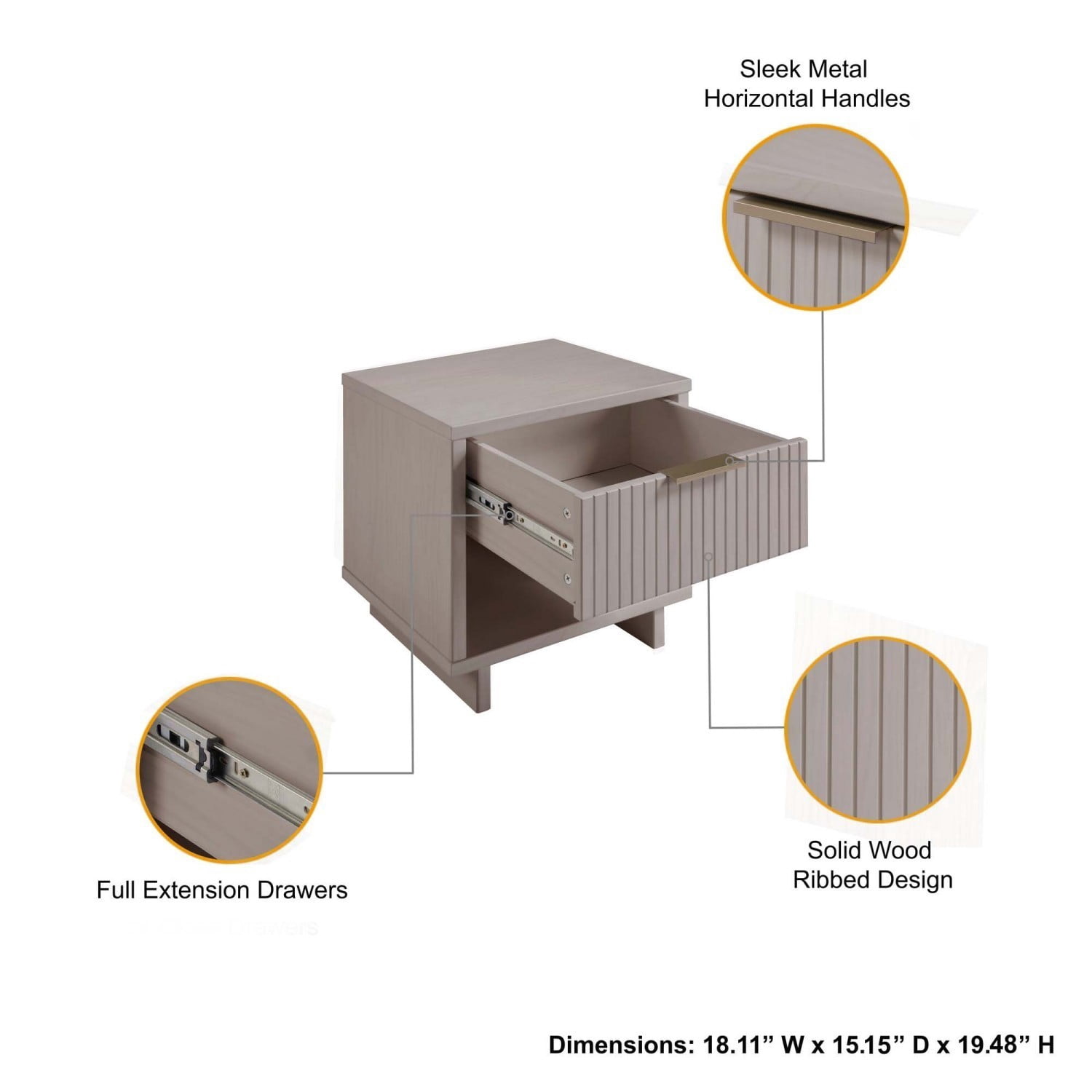 Light Gray Nightstand, Modern Contemporary Bedside Table with 1 Drawer, Solid Wood Ribbed Drawer Front and Gold Handle, Glam Storage End Table for Bedroom Living Room