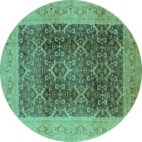 Ahgly Company Machine Washable Indoor Round Oriental Turquoise Blue Traditional Area Rugs, 8' Round
