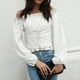 thumbnail image 4 of Tops de camisa de gasa de manga larga con cuello unidireccional de farol elástico con espalda sólida con cordones para mujer a la moda Pompotops  gfhjh21329, 4 of 4