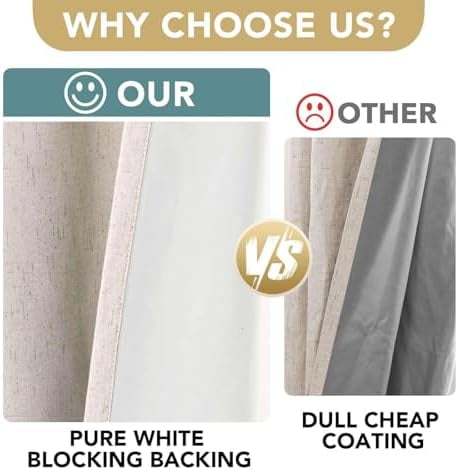 Linen Curtains 100% Blackout Curtains for Bedroom 102 inch Long Full Light Blocking Nature Linen Blended Window Curtains for Living Room Nickel Grommet (2 Panels, Natural)