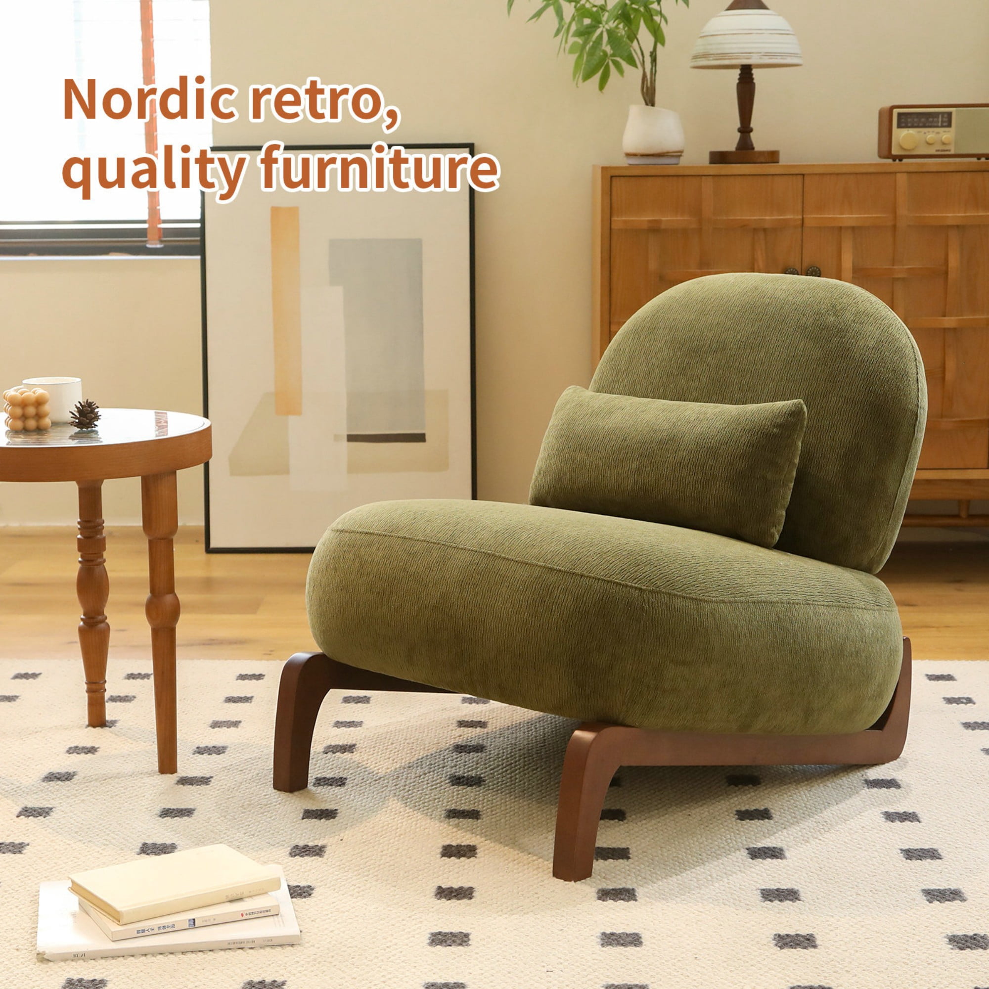BSHTI 28.4" Velvet Upholstered Accent Chair with Pillow, Comfy Armless Design, Wood Legs for Living Room(Green)