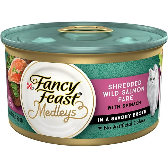 Purina Fancy Feast Medleys Wet Cat Food, Shredded Wild Salmon Fare with Spinach in Savory Broth, Wet Cat Food with No Artificial Colors, 3 Ounce Can (Pack of 24)