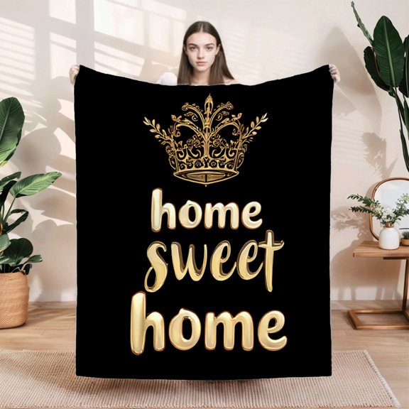 Luxurious Gold ' Home Sweet Home ' Flannel Blanket - Soft Warm Cozy for Sofa Travel Bed & Chair - Design