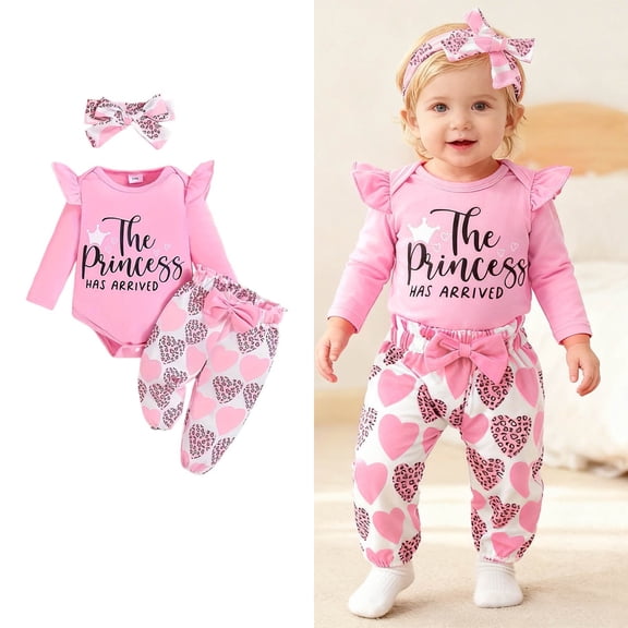 Valentines Outfit Baby Girl Long Sleeve Letter Print Ruffle Romper Bodysuit Pants and Headband Set Cute Baby Girl Clothes Outfits for Kids 3-6 Months