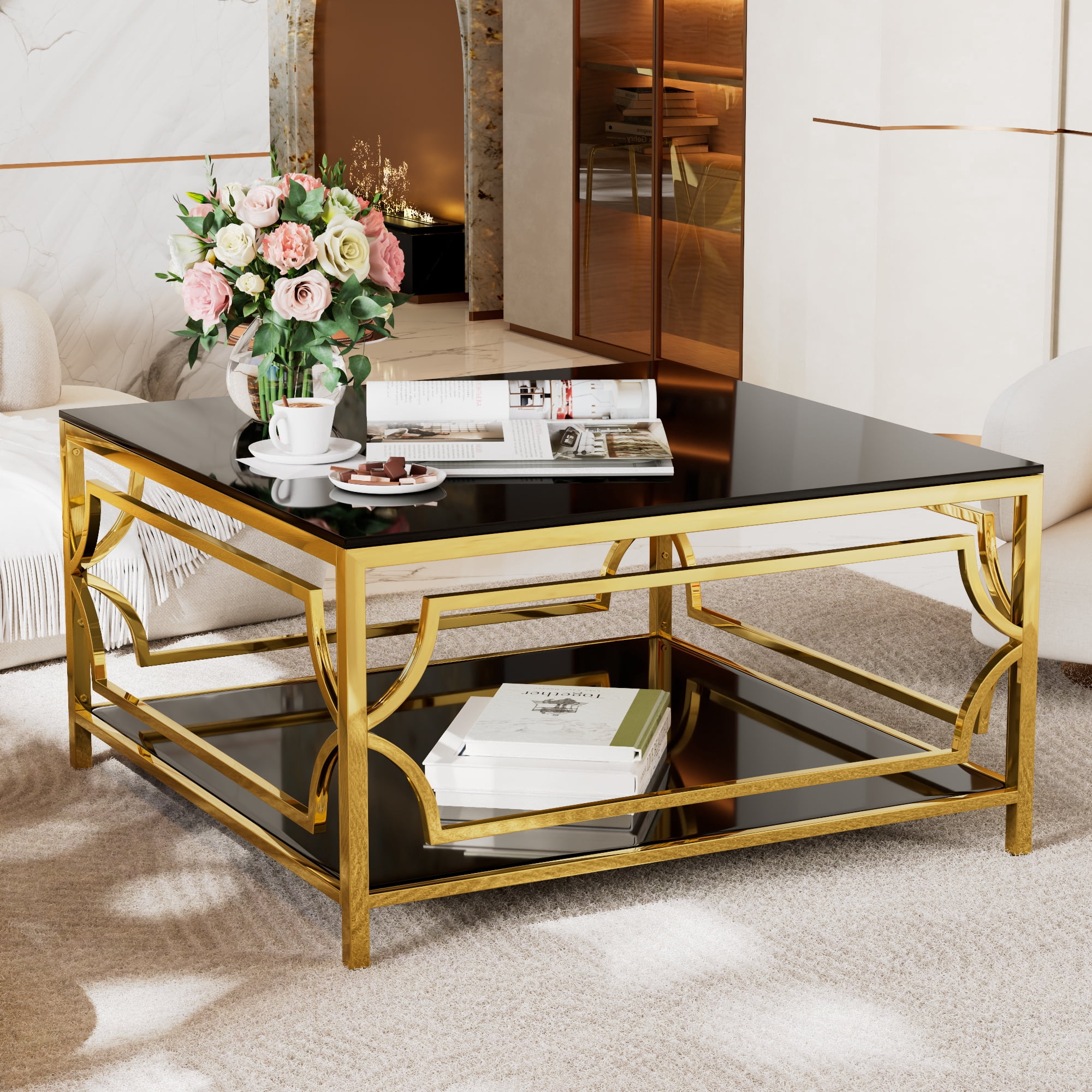 Square Glass Coffee Table in 33.5",Luxurious Geometric Metal Frame,Gold Finish & Lower Shelf