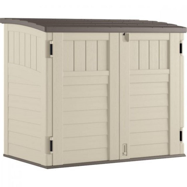 34 cu.ft. vanilla horizontal storage shed with a textured stoney roof and double front doors.
