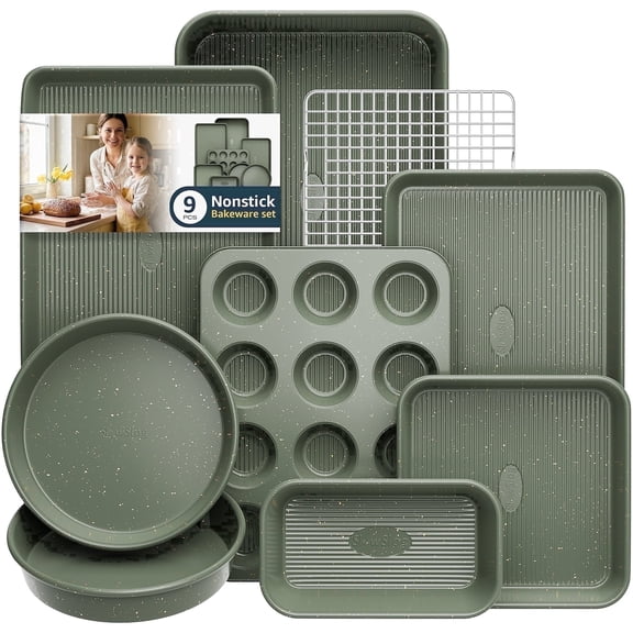 Slow Slog 9-Piece Stackable Nonstick Bakeware Set with Cooling Rack, Roasting&Muffin Pan&Loaf Pan&Cookie Sheets, Oven Safe 428°F,Green