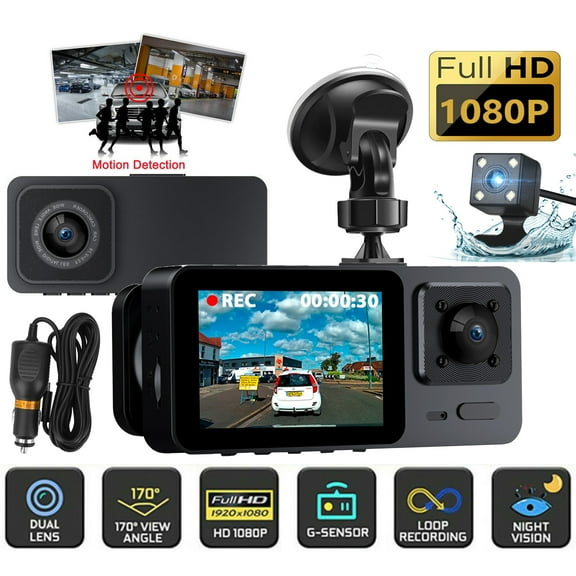 EEEkit 3 Channel Dash Cam, 1080P Front Inside Rear View Camera with 2" IPS Screen, Night Vision, Loop Recording, Support 64GB Max