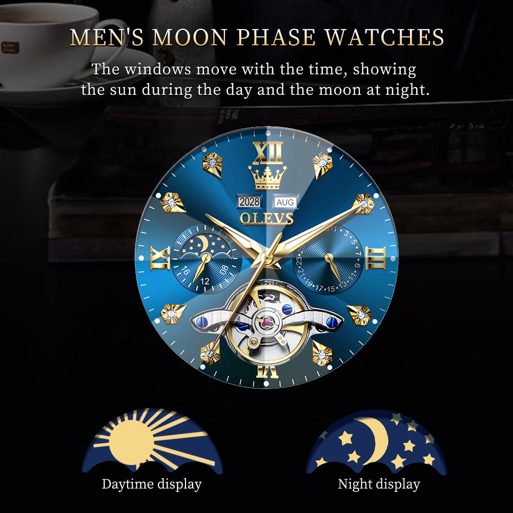 OLEVS Automatic Watches for Men Luxury Dress Waterproof Self Winding Mechanical Moon Phase Chronograph Stainless Steel Luminous Diamond Date Skeleton Tourbillon Wristwatch for Men Reloj Para Hombre