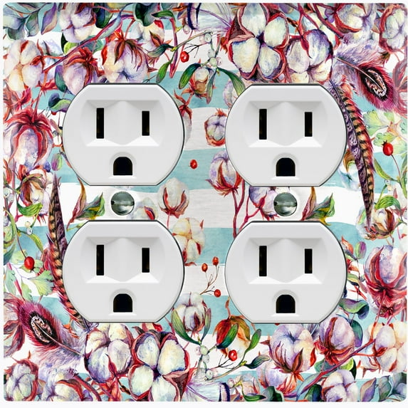 Metal Light Switch Plate Cover Lotus Pods Cotton Flower Teal Stripes FLW020
