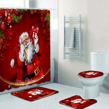 4Pcs/set Christmas Shower Curtain Bath Mat Toilet Cover Mat Rug Christmas Home Bathroom Decorations