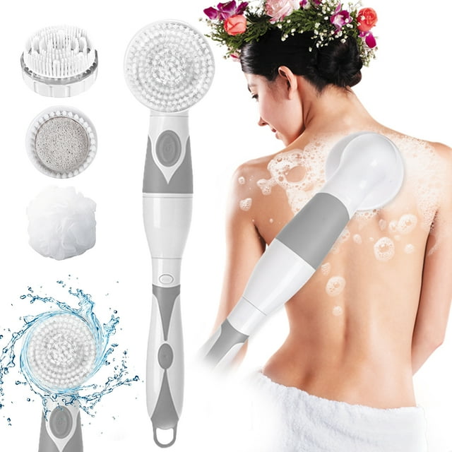 Pluokvzr Electric Body Brush with 4 Replacement Heads Battery Operated