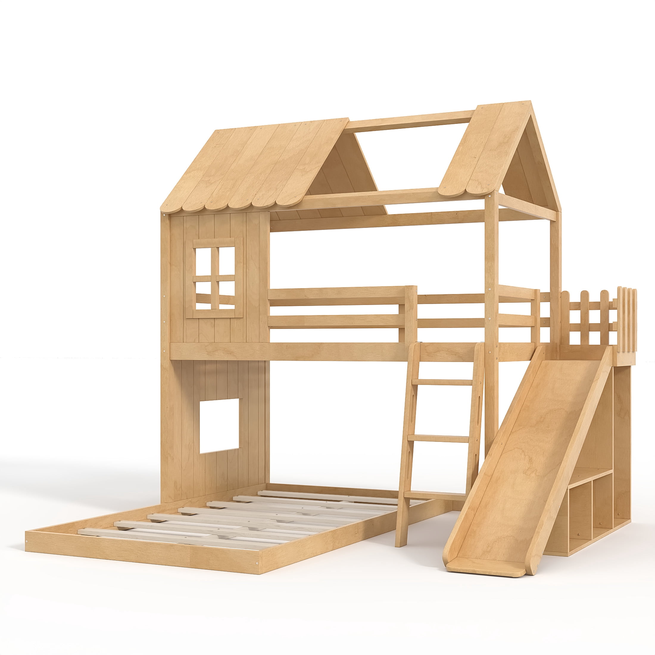 GDF Studio Twin over Full House Bunk Bed with Slide, Ladder, Shelves & Wardrobe, Natural