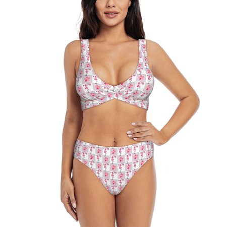 Zeuib Flamingo On Checkered High Waisted Tummy Control Bikini Set - Knot Front Push Up Top & Cheeky Thong Bottom  Two-Piece Swimsuit for Women-Small