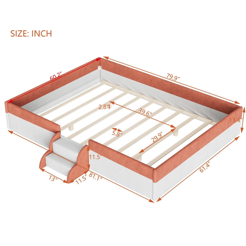 Queen Size Corduroy Upholstered Floor Bed Frame with Fence, Kids Low-Profile Platform Bed with 2-Tier Steps & Smart LED Lights