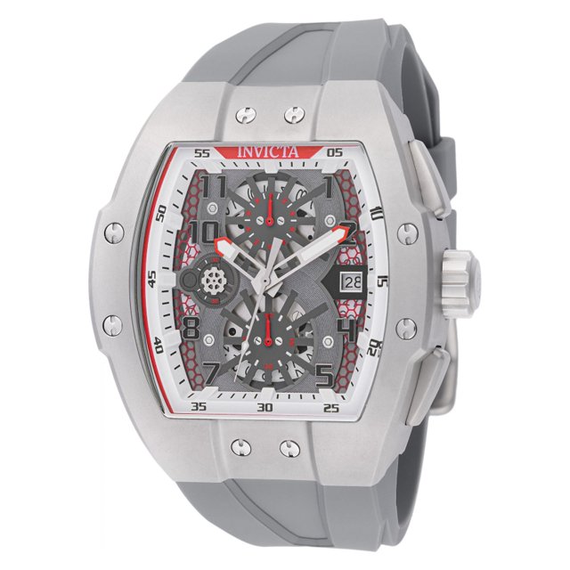 reloj invicta invicta racing 48026 gris reloj para hombre con caja tonneau gris metálica y correa de silicón gris. Esfera esqueletizada con dos subesferas de cronógrafo, índices arábigos, detalles rojos y ventana de fecha; corona y pulsadores visibles. A menudo se usa como accesorio de viaje.