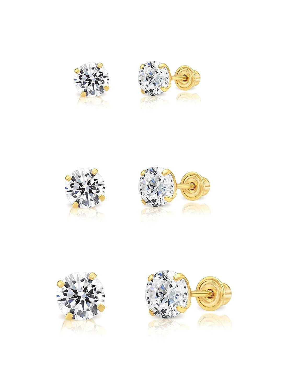 3mm 14K.T Solid Gold Round CZ Stud Earrings Plastic Back 