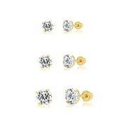 14k Yellow Gold Solitaire Round Cubic Zirconia Stud 3 Pair Earring Set (3mm, 4mm, 5mm)