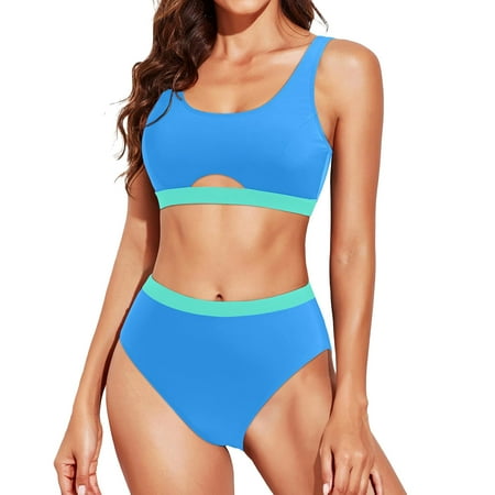 TOWED22 Women s High Waisted Bikini Sets Sporty Two Piece Swimsuits Color Block Cheeky High Cut Bathing Suits(Blue S)
