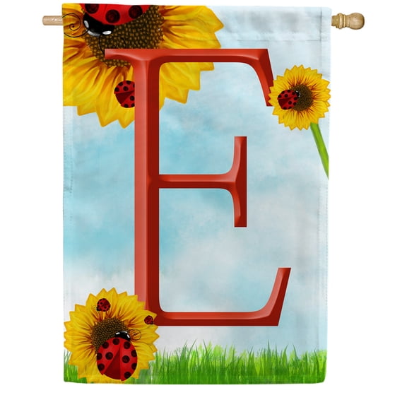 America Forever Summer Sunflower Ladybugs Monogram House Flag Letter E 28 x 40 inches Yellow Floral Spring Double Sided Vertical Outdoor Yard Lawn Decorative Yellow Hello Sunshine House Flag