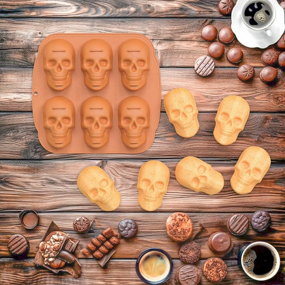 CASAFUN Halloween Silicone Molds for Baking, Halloween Skull Pan Cake Mold 6 Cute Tray Ice Molds Soap Molds for Chocolate Jelly Fondant Cake Party Decoration Candle