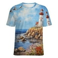thumbnail image 5 of Lighthouse Sunrise Coast Scenery Pale Blue Tan Women's T-Shirt Short Sleeve T Shirts Tops Tee Ladies Loose T, 5 of 6