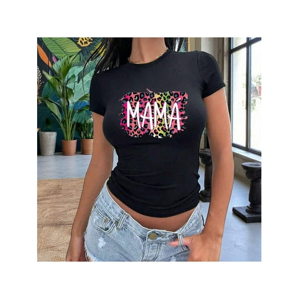Playera Blusa Mama Mamá Fieramente Increíble – Estilo Animal Print con Actitud Color Negro Talla Chica Marca Emil SaEs
