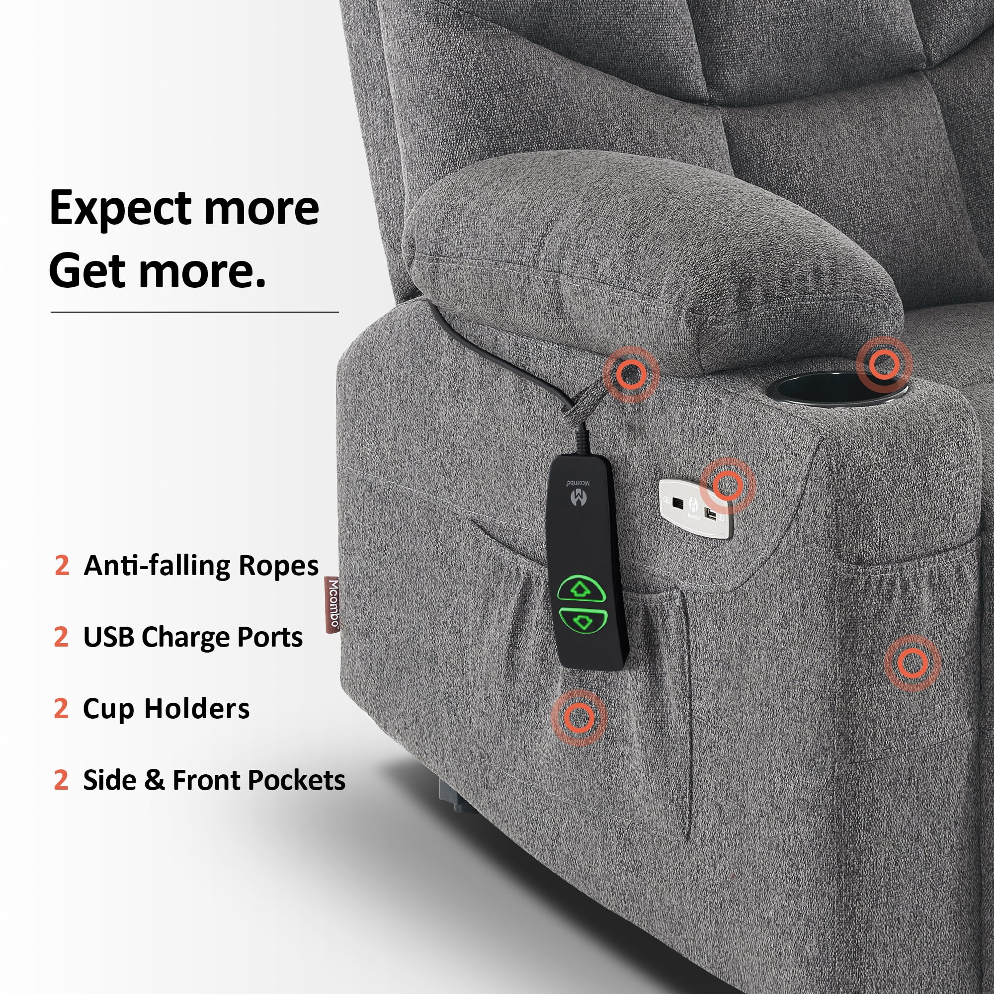 MCombo Regular Power Lift Recliner Chair with Extended Footrest for Elderly People, Fabric 7287 (Dark Gray, Regular)
